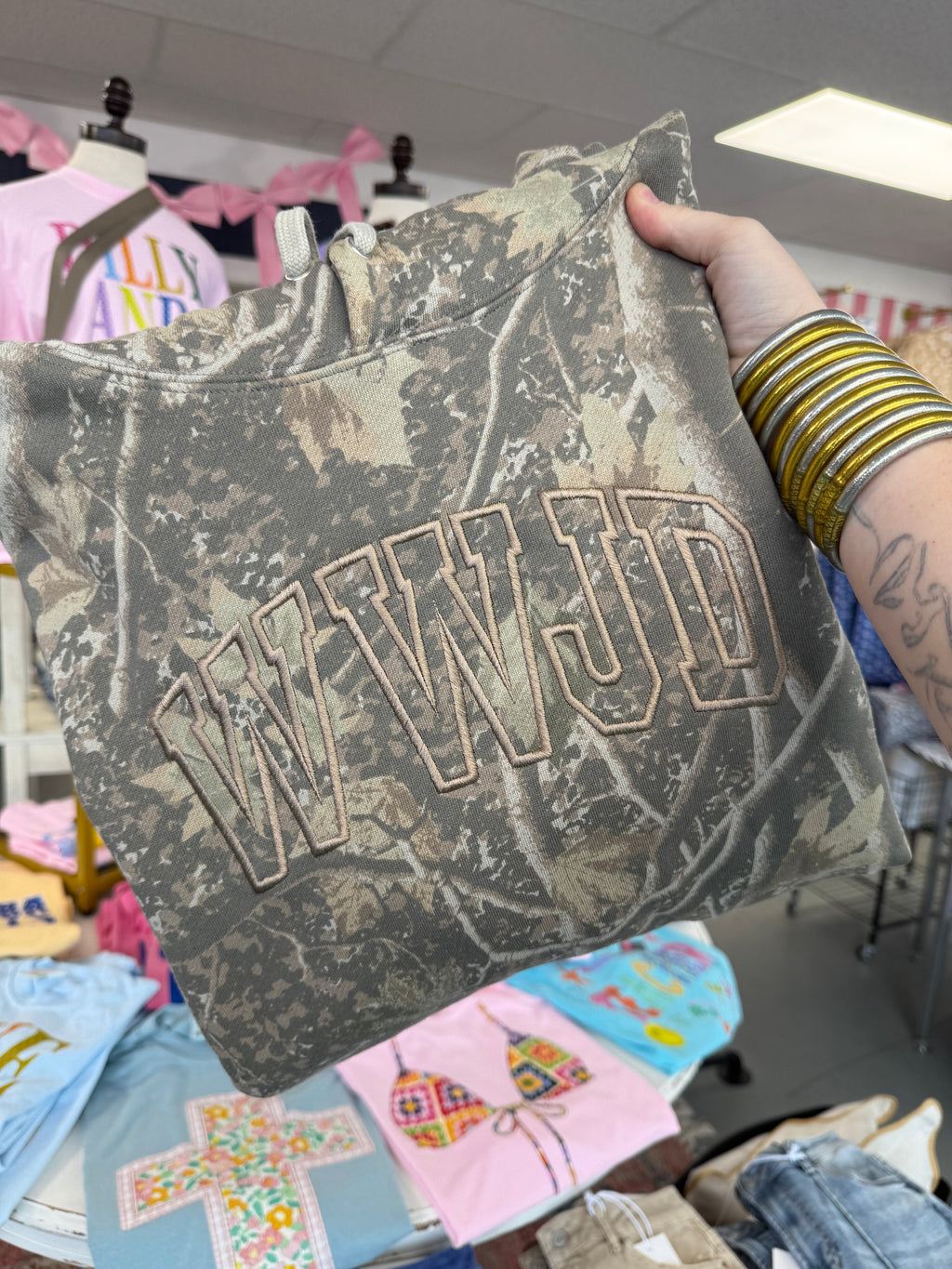 WWJD embroidered camo hoodie