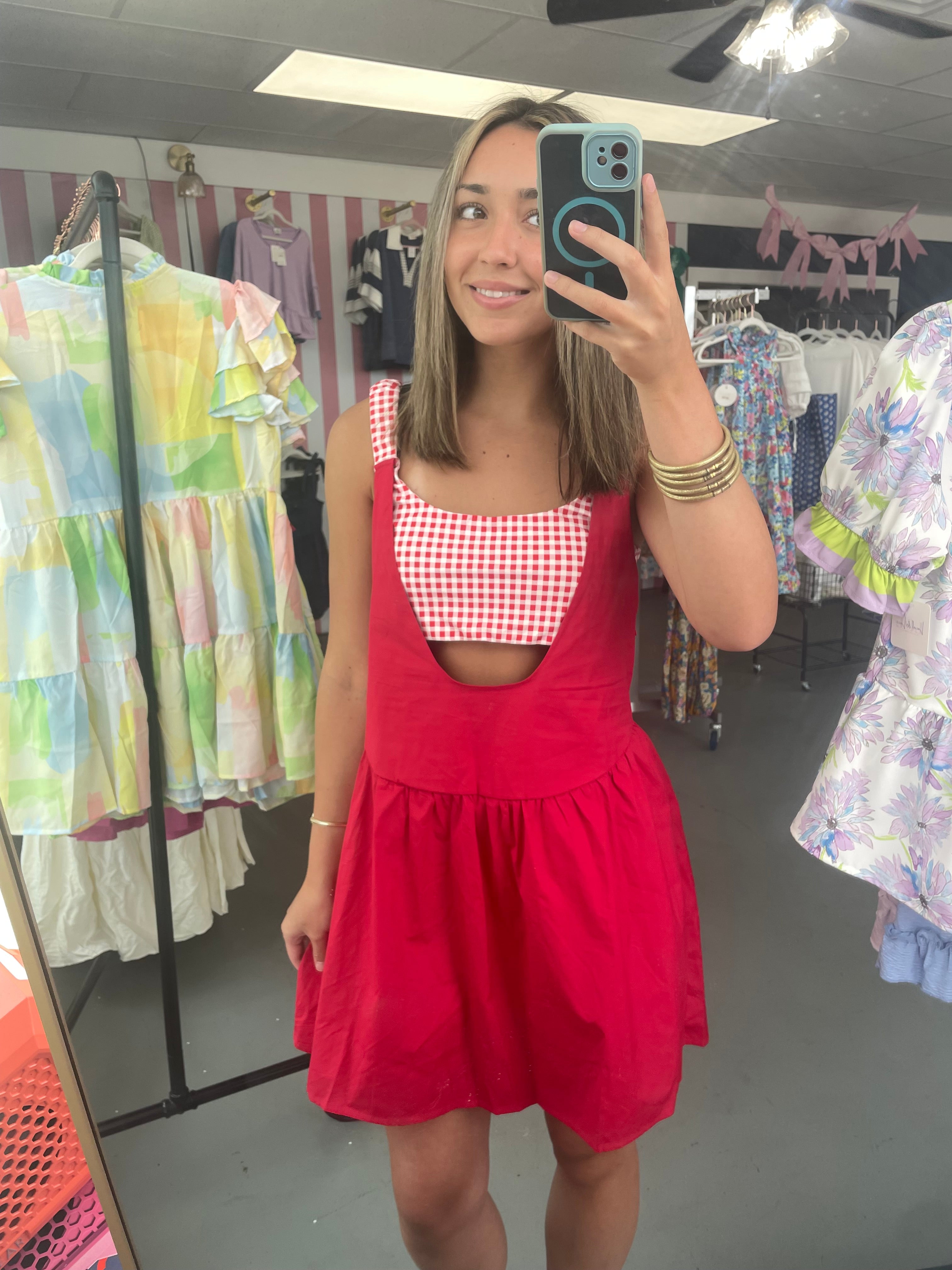 red gingham romper