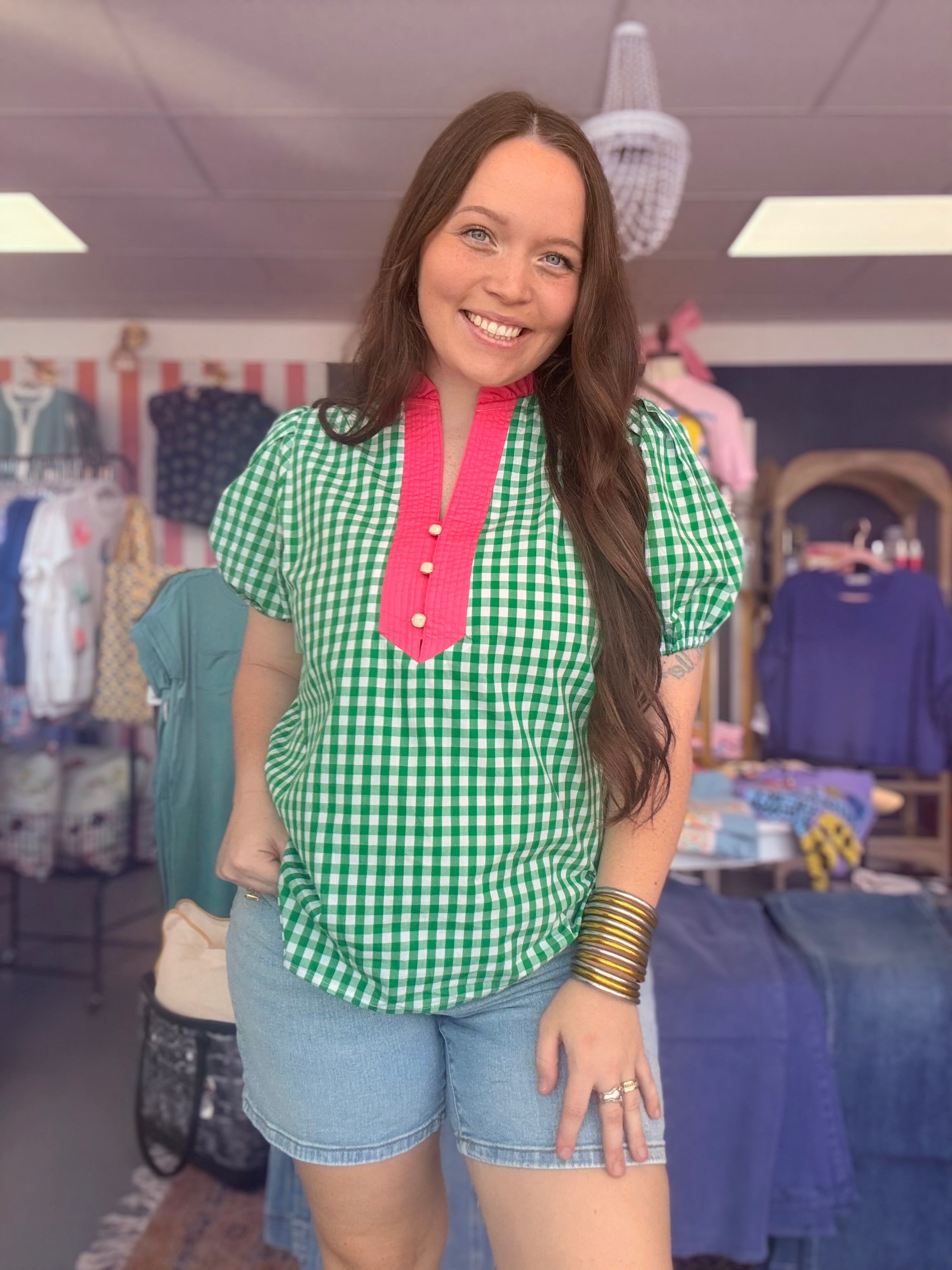 green & pink gingham blouse