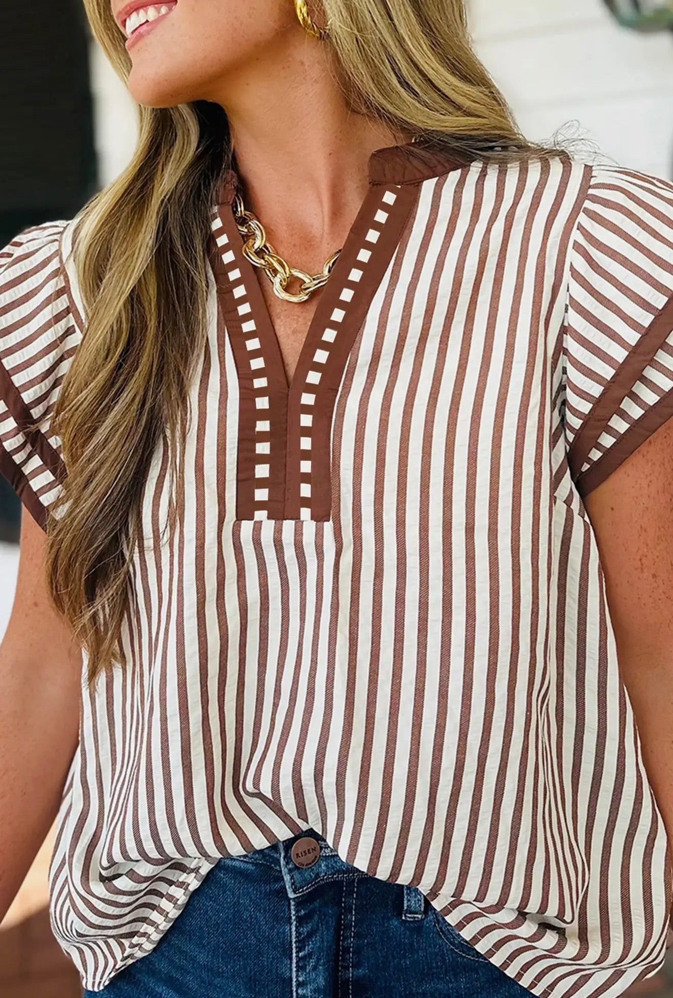 Khaki striped ruffle top
