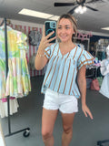 sky blue & brown blouse