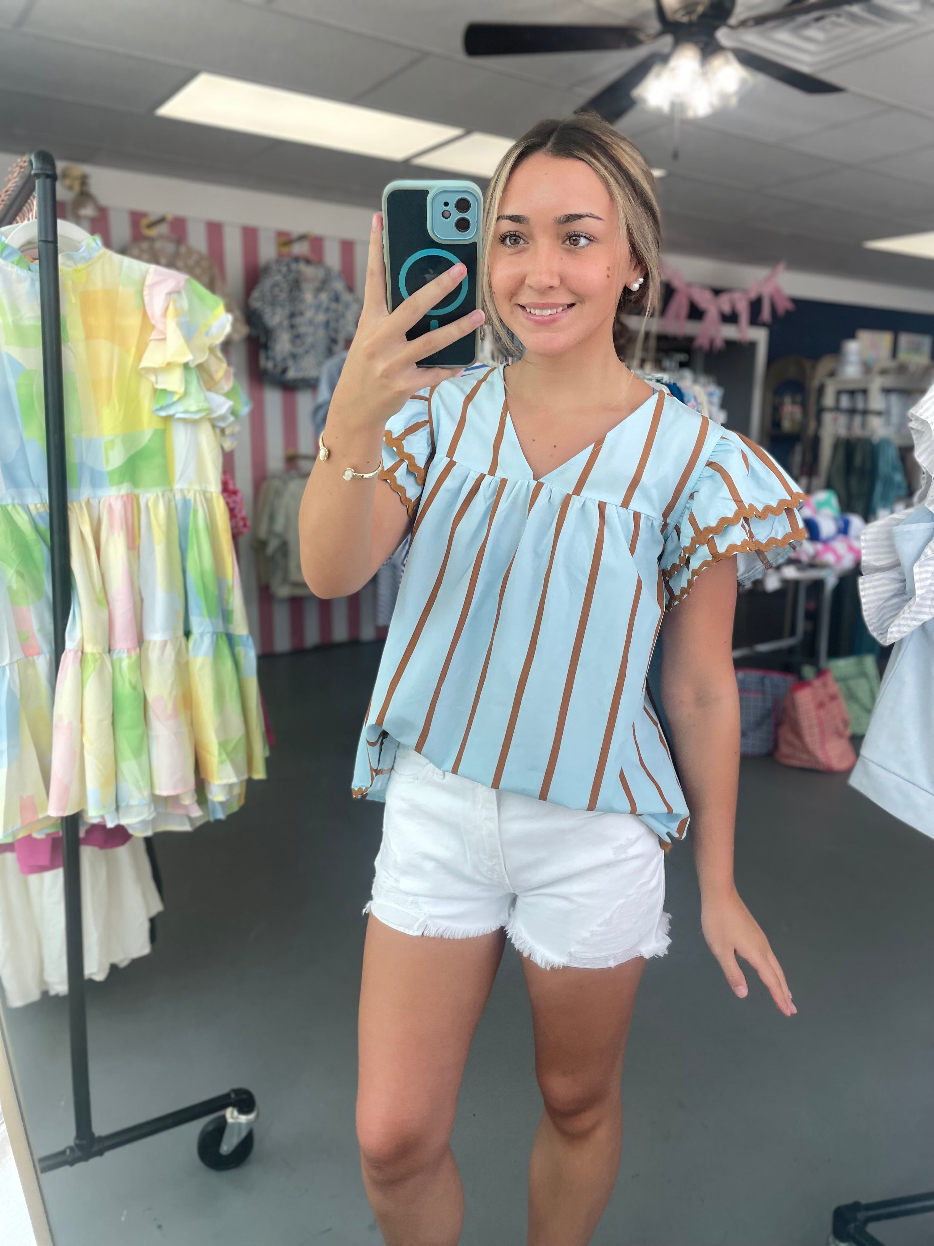 sky blue & brown blouse